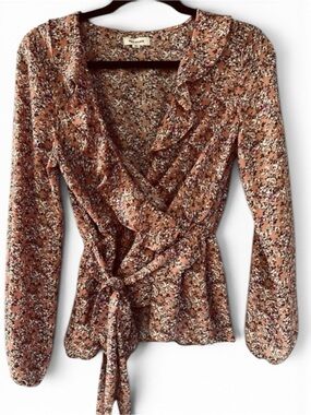 Max Studio Wrap Top Womens Small Terra Cotta Floral Ruffle Blouse Boho